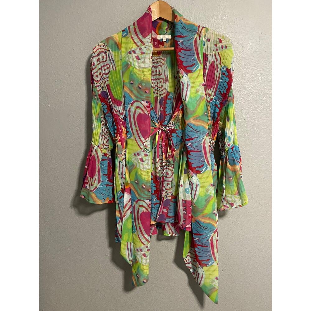 UBU Jacket Womens Small Multicolor Pleated Tie Front Bell Sleeve Artsy Boho
